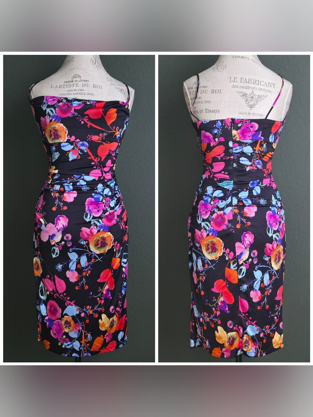 David Meister 100% Silk Floral Bodycon Dress Size 2 Side Ruching Spaghetti Strap